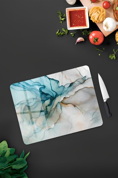kutuTR Blue Marble Pattern Tempered Glass Cutting Board 21X30 cm Size Uv Printing - Ckt035