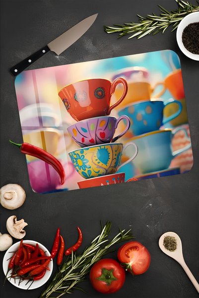kutuTR Colorful Cups Pattern Tempered Glass Cutting Board 21X30 cm Size Uv Printing - Ckt006