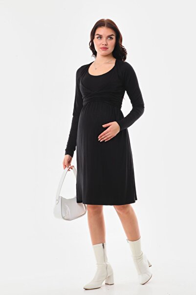 MEGHAN L.A Μαύρο μακρυμάνικο φόρεμα εγκύου θηλασμού