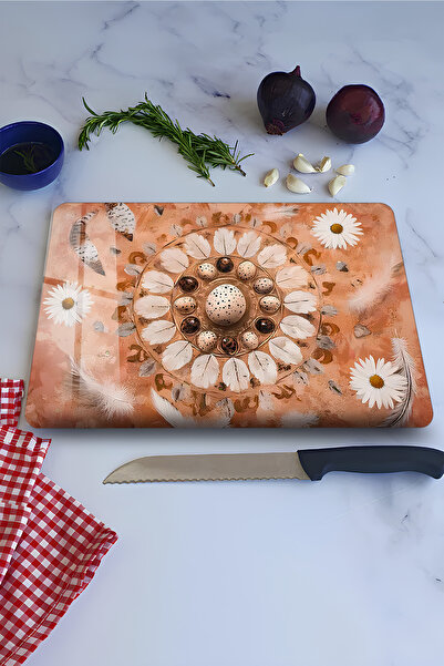 kutuTR Feather and Daisy Patterned Bohemian Style Tempered Glass Cutting Boar...