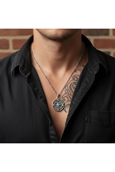 Alooya Minimal Pusula Gümüş Kaplama Düz Zincir Kolye