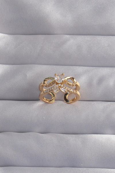 Toptan Bulurum خاتم على شكل فيونكة مصنوع من النحاس الذهبي وحجر الزركون قابل ل...