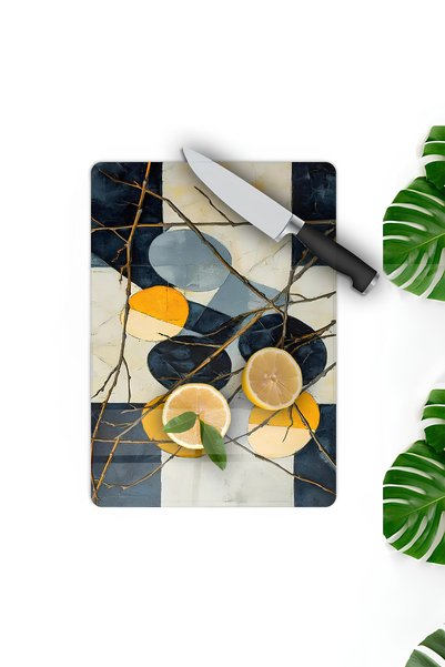 kutuTR Geometric Yellow and Navy Blue Pattern Tempered Glass Cutting Board 21X30 cm Uv Printing - Ckt069