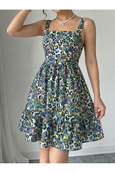 mass fashion Kadın Gipeli Askısı Bağcıklı Leopar Desenli Kısa Elbise