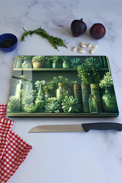 kutuTR Green Plants and Books Themed Tempered Glass Cutting Board 21X30 cm Uv...