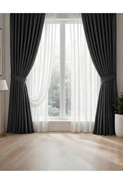 BD beyaz dokuma Antrasit Gri Pileli Kadifemsi Fon Perde Yüksek Kalite Tek Kanat