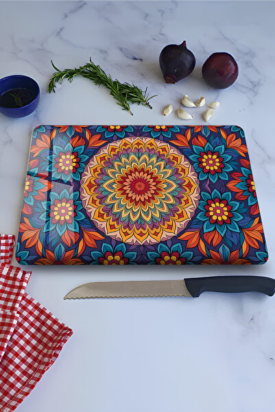 kutuTR Colorful Mandala Pattern Tempered Glass Cutting Board 21X30 cm Size Uv...