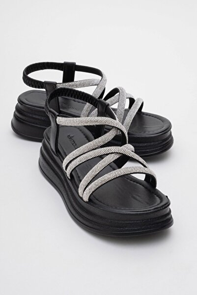 CCWAY AYAKKABI Γυναικεία Σανδάλια Σταυρός Πέτρα Ελαστικά ΜΑΥΡΟ