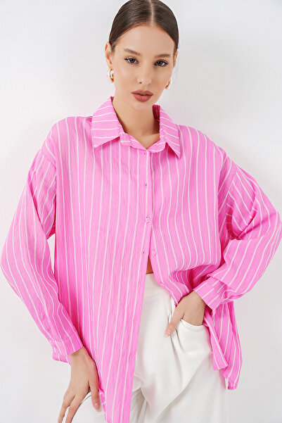 Bigdart Γυναικείο ριγέ πουκάμισο oversize 20293 - Ροζ