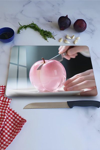 kutuTR Tempered Glass Cutting Board – Pink Apple Themed Uv Printing 21X30 cm ...