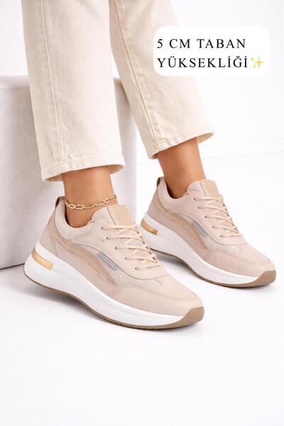 Büşra Sultan Ayakkabı & Çanta Kadın Bej Gizli Topuk Dolgu Kalın Taban Sneaker...