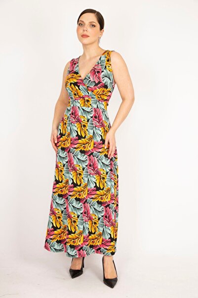 Şans Жіноче кольорове довге плаття великого розміру з коміром-антре 65n36192