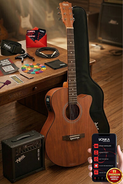 Midex Phx-188amp Masif Ağaç Elektro Akustik Gitar 4/4 (AMFİ ASKI CAPO JAK KABLO)