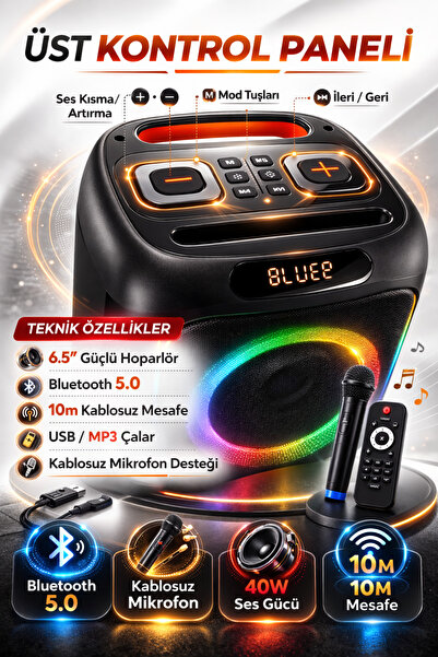 Maybax MIO Taşınabilir Mikrofonlu 40 W Parti Kablosuz Mikrofon Kumandalı Bluetooth Hoparlör Led Işıklı