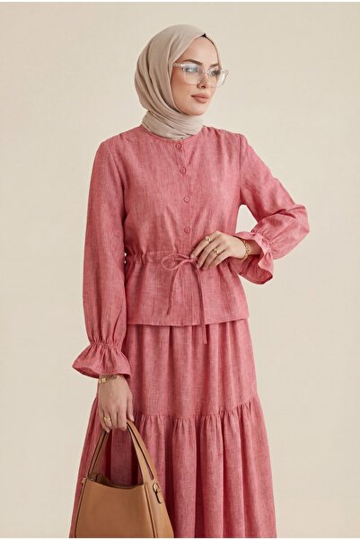 HİJABAYA Κουμπιά μπροστά, ελαστικό μανίκι, κορδόνια τούνελ, Λινό σετ