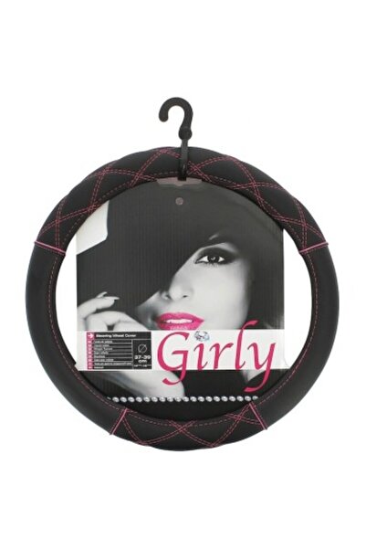 Car Accessories Husă volan din piele neagră cu cusături roz 37-39 cm