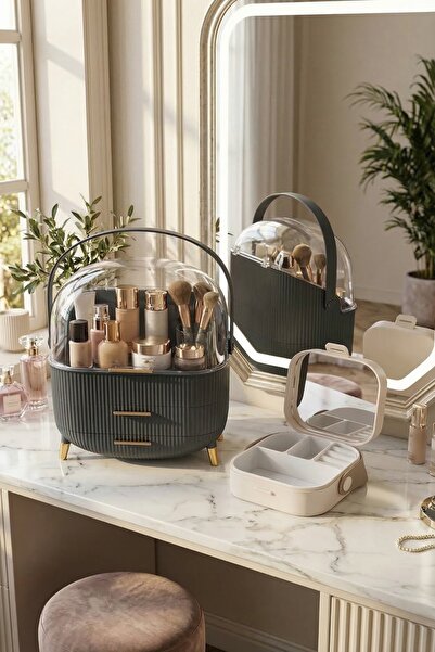 MAKRİ HOME Clear Multi-Compartment Makeup & Cosmetic Organizer with Lid Gray ...