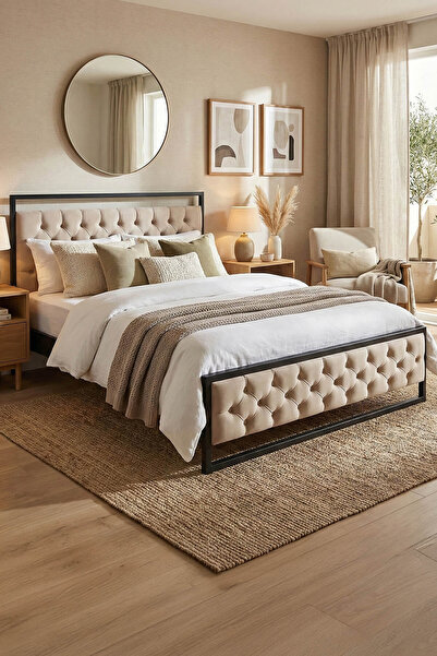 Unimet Mithra Çift Kişilik Metal Karyola Krem (AHŞAP LATALI)