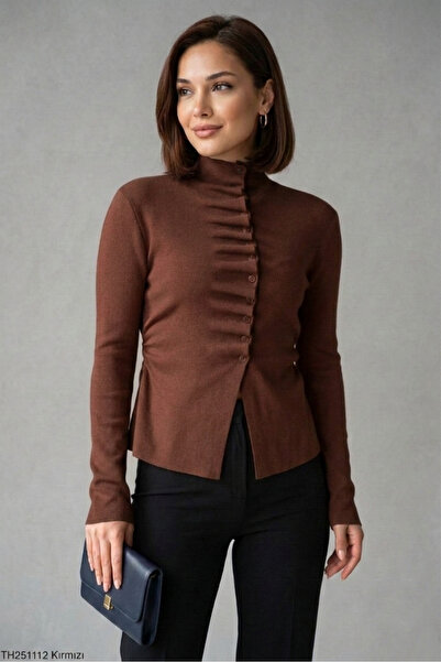 Safgiyim44 Ruffled Half Mock Neck Sweater - Brown