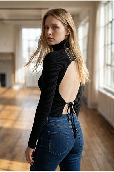 WYNA BOUTİQUE Women's Black Backless Lace-Up Fishneck Tricot Cro Cropped Zak