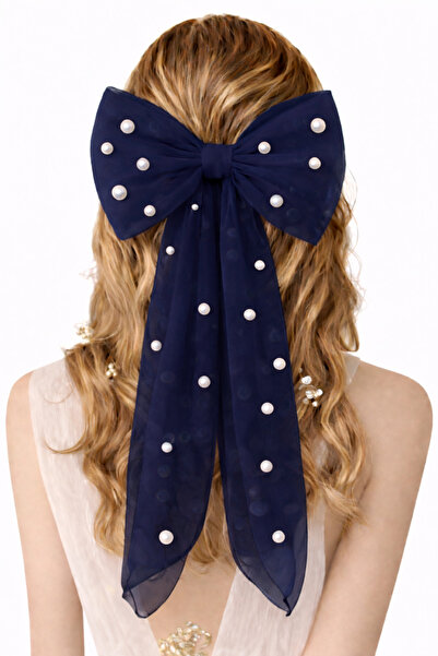 MadyaButik Scalloped Hair Clip with Pearls F Bow Detail Navy Blue Hair Clip