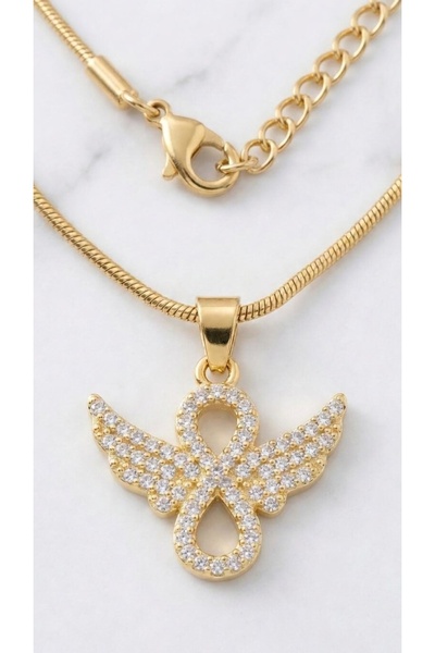 Universal Zirkon Taşlı Melek Kanat Figürlü Altın Rengi Kolye – Yılan Zincir Ş...