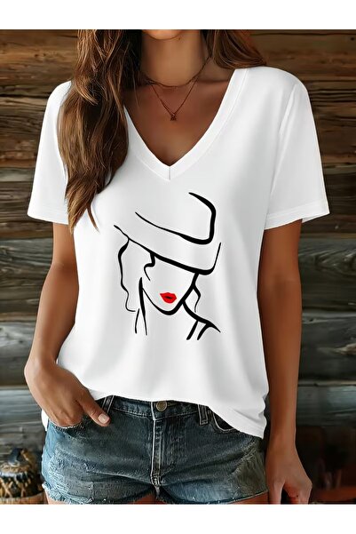 JENOLAN Women's V-Neck Women's Figure White/Black Printed T-Shirt Loose Fit O...