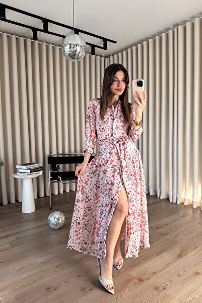 Sue Store Pink Floral Print Lined Belted Maxi Length Chiffon Shirt Dress