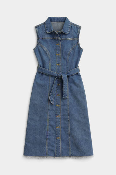 Bluewhite فستان جينز أزرق بدون أكمام مع حزام وأزرار للنساء