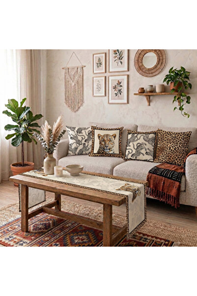 Elissa Leopar Desenli Dekoratif Kırlent Kılıfı 43x43 cm & Runner 140x40 cm Sa...