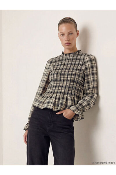 LC Waikiki بلوزة مطرزة بكشكشة بنقش مربعات من UZG STORE للنساء الأنيقات