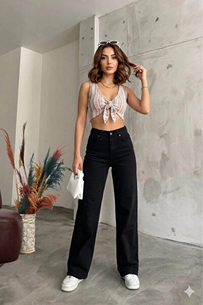 LAYAL MY BEAUTY Kadın Palazzo Salaş Rahat Kesim Likralı Yüksek Bel Jeans Kot ...