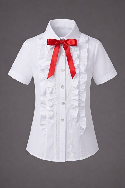 Nacar Kız Çocuk Fırfır Detaylı Papyonlu Gömlek 23 Nisan 29 Ekim Gösteri Kıyafeti