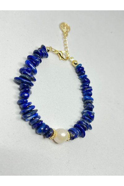 Agatella Tasarım Lapis Lazuli Natural Stone Bracelet – Steel Design Women's Bracelet with Single Pearl Detail