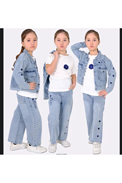 Flamingo New Season Embroidered Luxury Girls' Jeans 3-Piece Set