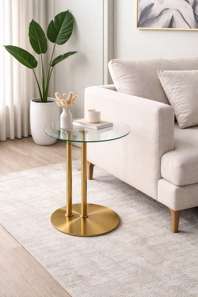 Generic طاولة خدمة جانبية زجاجية بقاعدة ستيل وعمود مزدوج