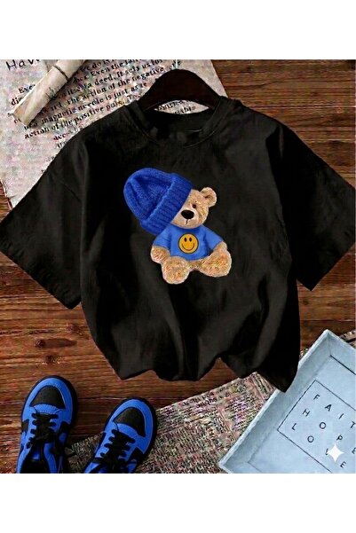 LELVANİ Milano Colorful Bear Printed Black Tshirt