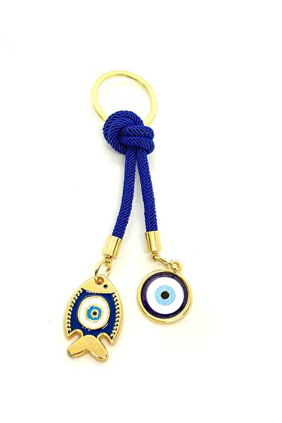 Azrua Navy Blue String Fish Stone Metal a Keychain Şans a Keychain Metal Evil...