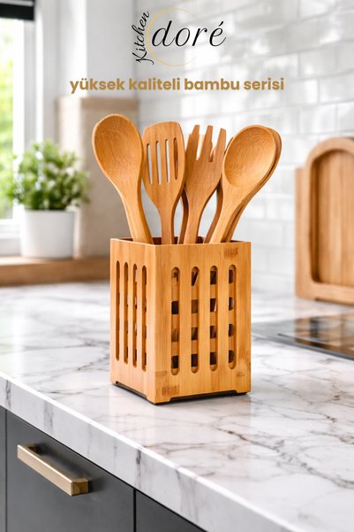 KitchenDORE Bamboo Spoon Holders Decorative High Quality Durable Square Design