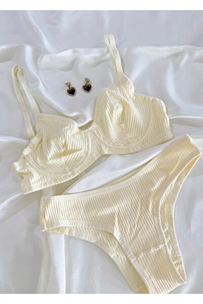 İNKO İÇ GİYİM Set sutien și chiloți galben fără sârmă bumbac piese tricotaj c...