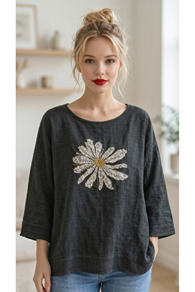 Matcha Butik Women's Linen Sequin Daisy Blouse