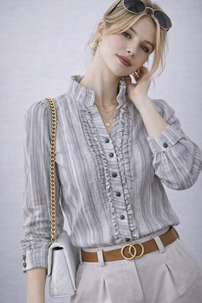 VALERIA Çizgili Fırfır Detaylı Kadın Gömlek – Şık & Modern Tasarım