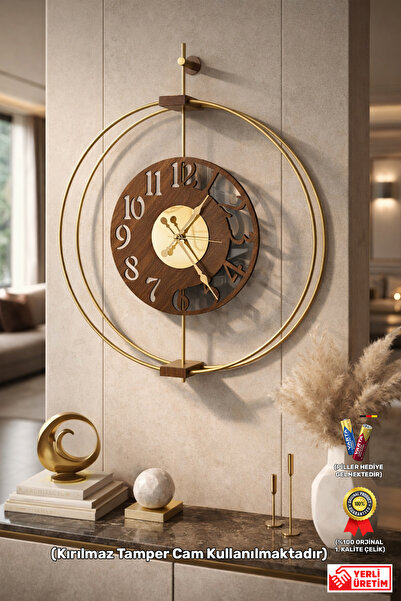Wallover Design Büyük Boy Larissa Luxry Gold/Ceviz Metal Sessiz Duvar Saati -...