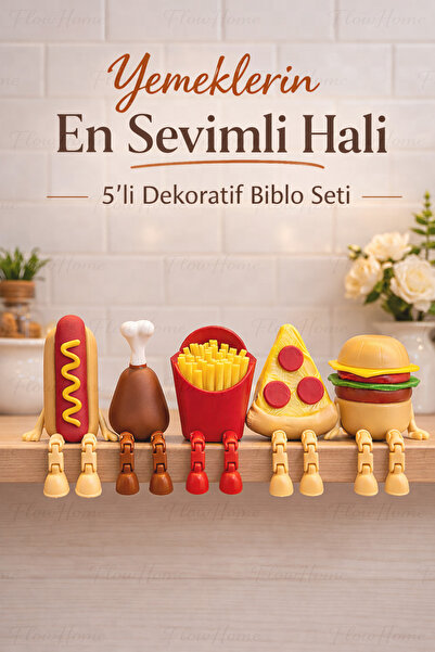 Flow Home Dekoratif 5’li Fast Food Seti Hareketli Ayaklı Masa Üstü Süsü Raf D...