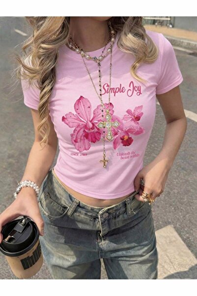 PALPİTO Tricou de damă roz Simple Joy cu imprimeu guler rotund Dar crop