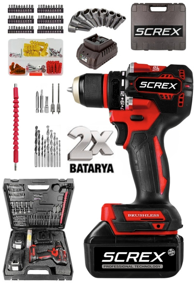 SCREX 10 Pilli Kömürsüz Akülü Vidalama Yeni Nesil Çelik Mandren Çift Şanzıman...