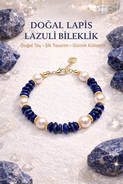 Agatella Tasarım Natural Pearl & Lapis Lazuli Stone Steel Bracelet – Gold Col...