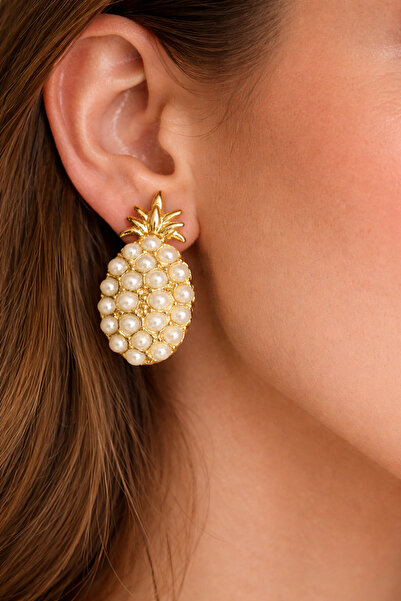 Takıtolia أقراط زيفا الذهبية على شكل أناناس مملوءة باللؤلؤ بتصميم ذهبي