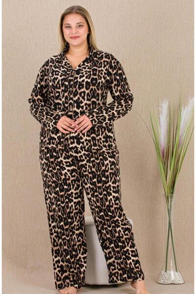 by İGP Leopard Woven Fabric Button-Front Plus Size Pajama Set