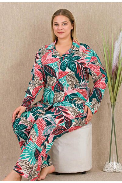 by İGP Yaprak Patterned Woven Fabric Button-Front Plus Size Pajama Set